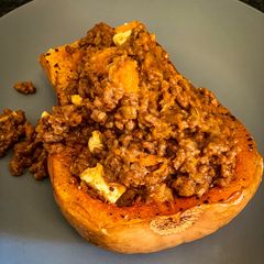 A picture of Baked butternut and spicy mince.