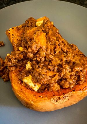 A picture of Baked butternut and spicy mince.