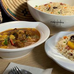 A picture of Special butter,veg rice & italian meatball and potatoe soup.