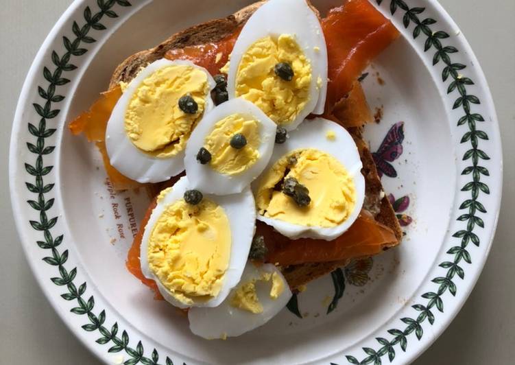 Recipe of Any-night-of-the-week Smoked Trout, Duck Egg &amp; Capers on Toast