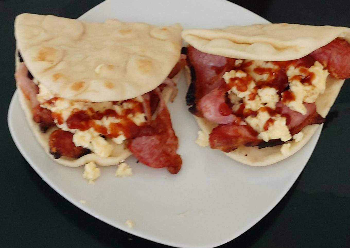 My Flat folded bread breakfast with Bacon & Scrambled Egg. ðŸ˜ƒ