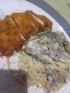 Foto resep Spaghetti Carbonara dan chicken katsu (pakai susu)