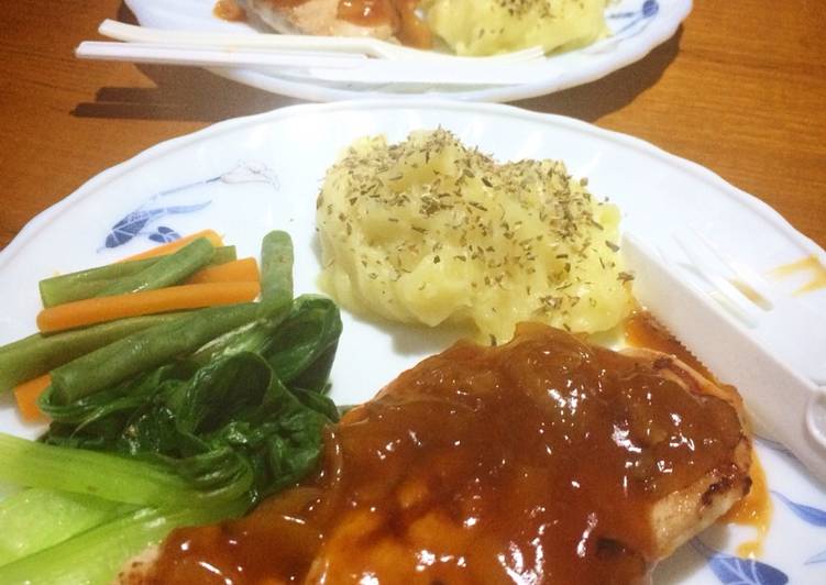 Baked Chicken with mashed potato and veggies with sour and sweet sauce