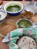 Pulka roti, peas palak panner, potato fry