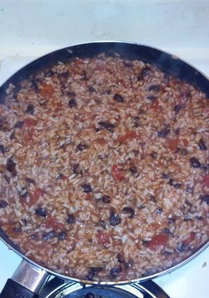 A picture of Mexican style beans & red rice.
