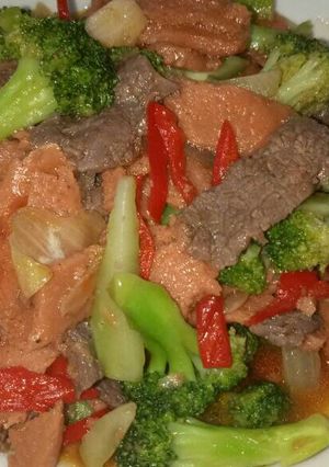 Foto resep Brokoli cah daging sapi dan sosis saus tiram