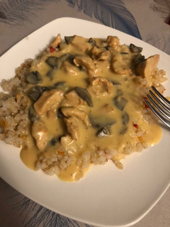 Una foto de Strogonoff de pollo con verduras y arroz integral