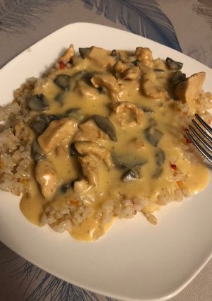 Una foto de Strogonoff de pollo con verduras y arroz integral