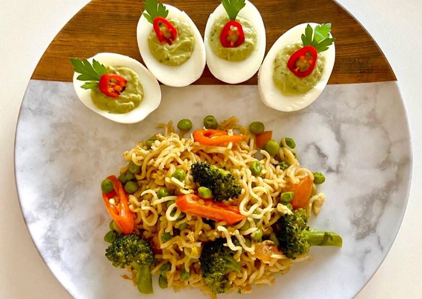 Maggie Noodles with egg and vegetables.<br />Avocado Deviled Eggs