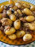 Baby Potatoes with Bacon, Eggplant, and Pink Onions
