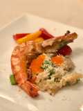 Mushroom ‘risotto’ with prawn, asparagus and crab roe