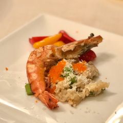 Mushroom ‘risotto’ with prawn, asparagus and crab roe A picture of Mushroom ‘risotto’ with prawn, asparagus and crab roe.