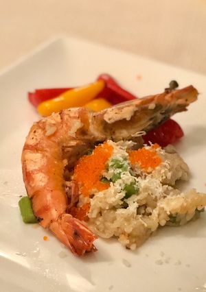 A picture of Mushroom ‘risotto’ with prawn, asparagus and crab roe.
