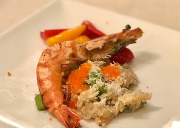How to Prepare Appetizing Mushroom risotto with prawn asparagus and crab roe