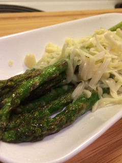 A picture of Kids loves simple taste!! Asparagus and cheese.