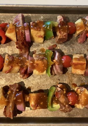 A picture of California Farm Kababs with Pineapple and Pork.