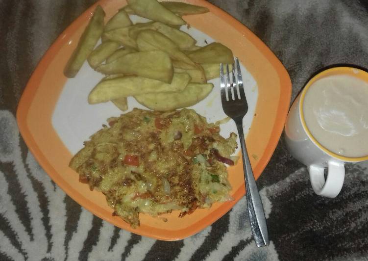 Recipe: Yummy Sweet potato chips with cabbage omellet and kunun gyada