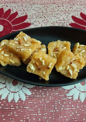 A picture of Sooji Badam Burfi or Nutty Semolina Fudge.
