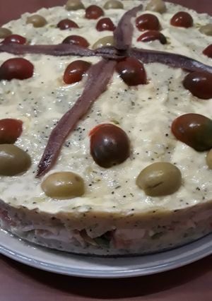 Una foto de Pastel de patata fresco con mahonesa de trufa