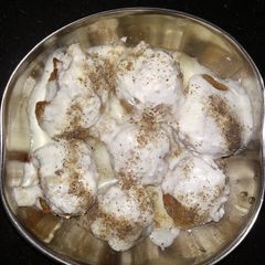 A picture of Buckwheat flour dumplings in yogurt (kutti ka dahi vada).