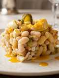 Ensalada de Alubias blancas de bote, daikon y huevo cocido