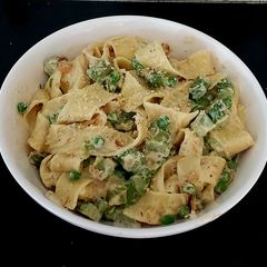 A picture of Pappadelle Pasta with Asparagus, Saffron + Peas.