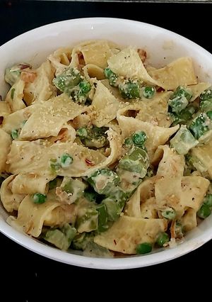 A picture of Pappadelle Pasta with Asparagus, Saffron + Peas.