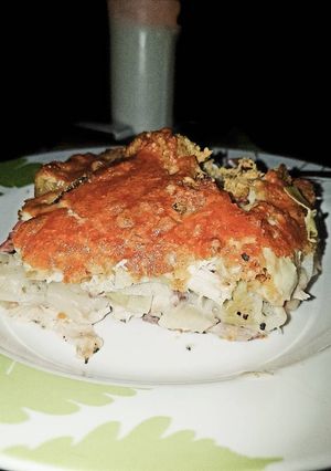 A picture of Chicken and Leek pasta bake.