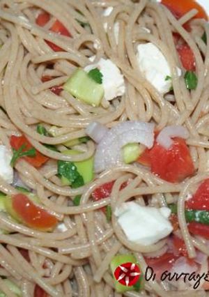 A picture of Spaghetti with tomato salad.