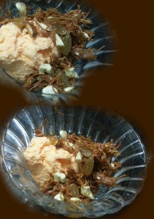 A picture of Ice cream with roasted sevai.
