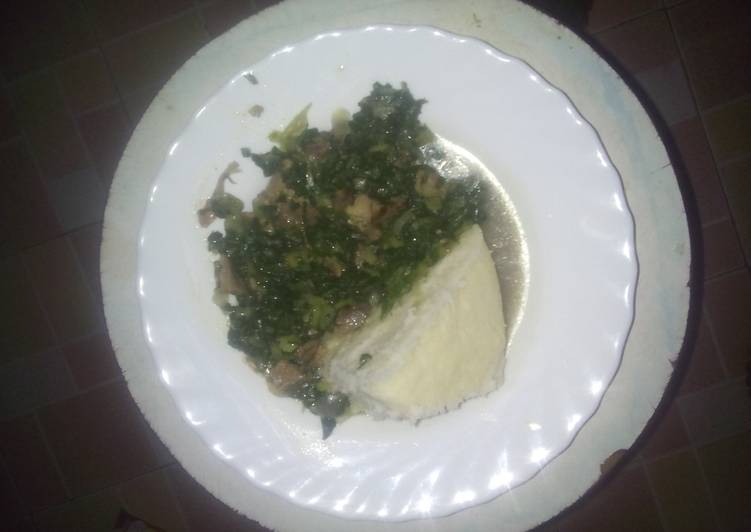 Simple Way to Make Quick Ugali served with fried spinach  mixed with beef meat