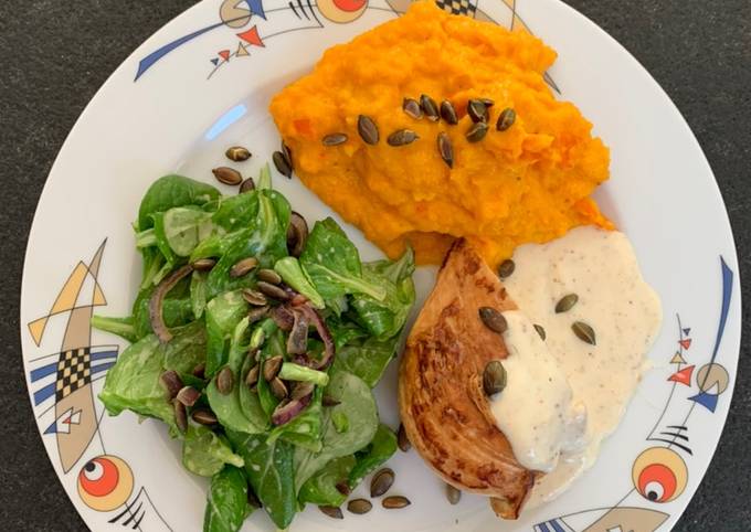 Honig-Senf-Hähnchen mit Kürbispüree und Feldsalat Rezept von Didodance ...