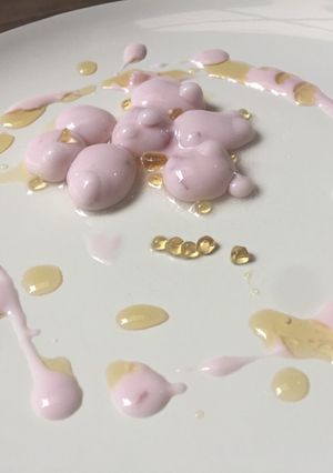 A picture of Molecular gastronomy-mango juice spherification.