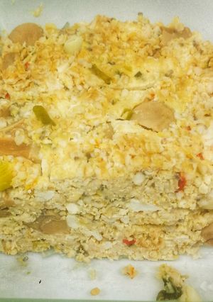 A picture of Steamed mixed tofu, oatmeal and champignon.