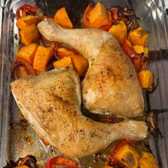 A picture of Roasted Chicken with Sweet Potatoes and Vegetables.