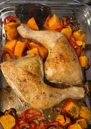 A picture of Roasted Chicken with Sweet Potatoes and Vegetables.