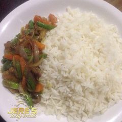 A picture of White rice with shredded beef.