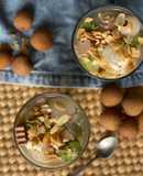 Pannacotta con almendras y litchis