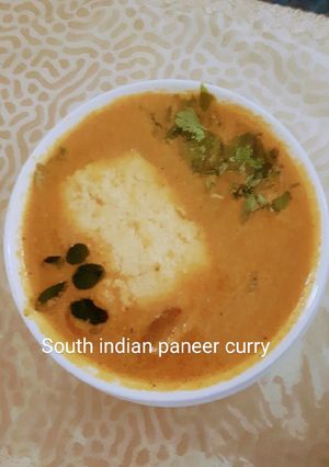 A picture of South Indian style paneer curry.