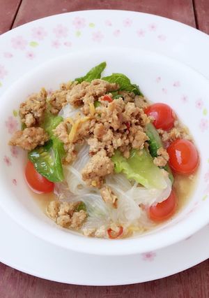 A picture of Cellophane (Tang Hoon) Noodle Soup Top Pan Fried Ground Pork.