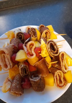 A picture of Easy cheap (childrens) dessert. Pancake skewers.