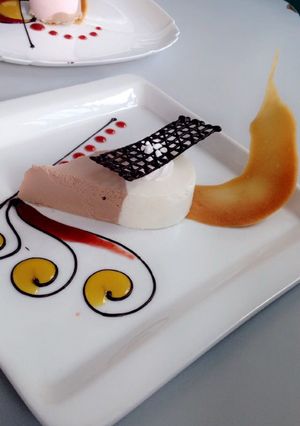 A picture of Chocolate mousse with a fruit sauce.