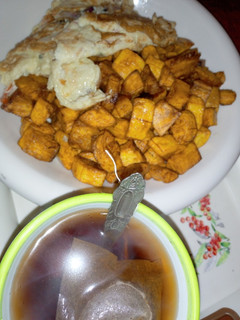 A picture of Fried plantain and eggs.