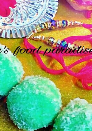 A picture of Date stuffed paneer coconut ladoo.