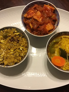 A picture of California Farm Tangy Pork, Egg Fried Rice, Vegetables.