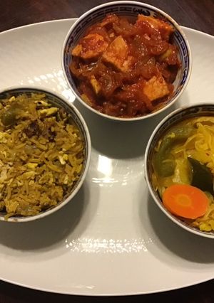 A picture of California Farm Tangy Pork, Egg Fried Rice, Vegetables.