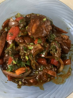 A picture of Chicken with veggies in peanut curry sauce.