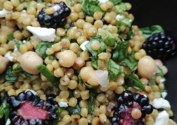 Step-by-Step Guide to Make Quick Giant cous cous, chickpeas, blackberry and feta salad