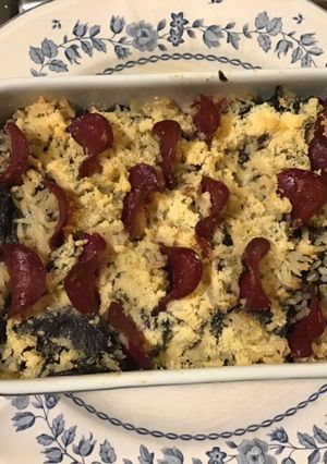 Une photo de Gratin de riz aux trompettes de la mort bœuf séché et parmesan