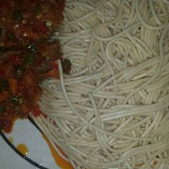 A picture of Spaghetti with tomatoes sauce.